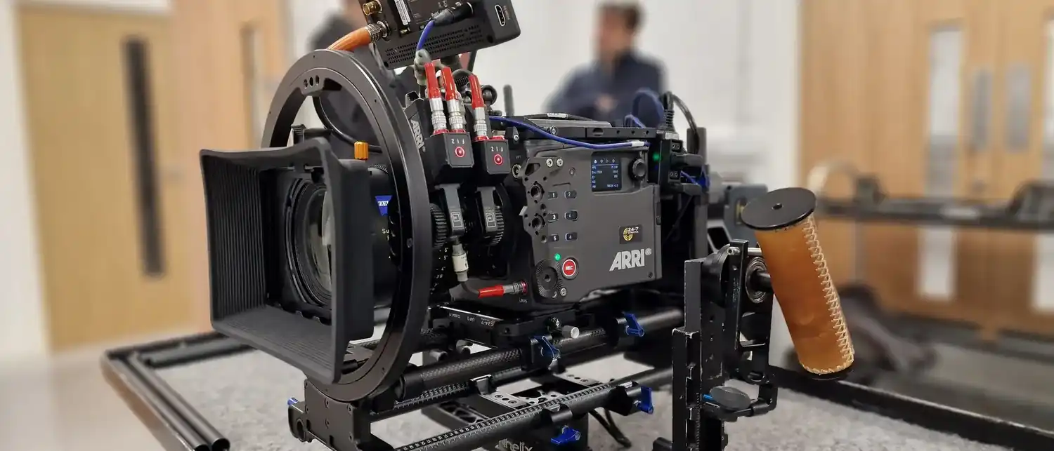 A camera rig built up on the bench in the test room.