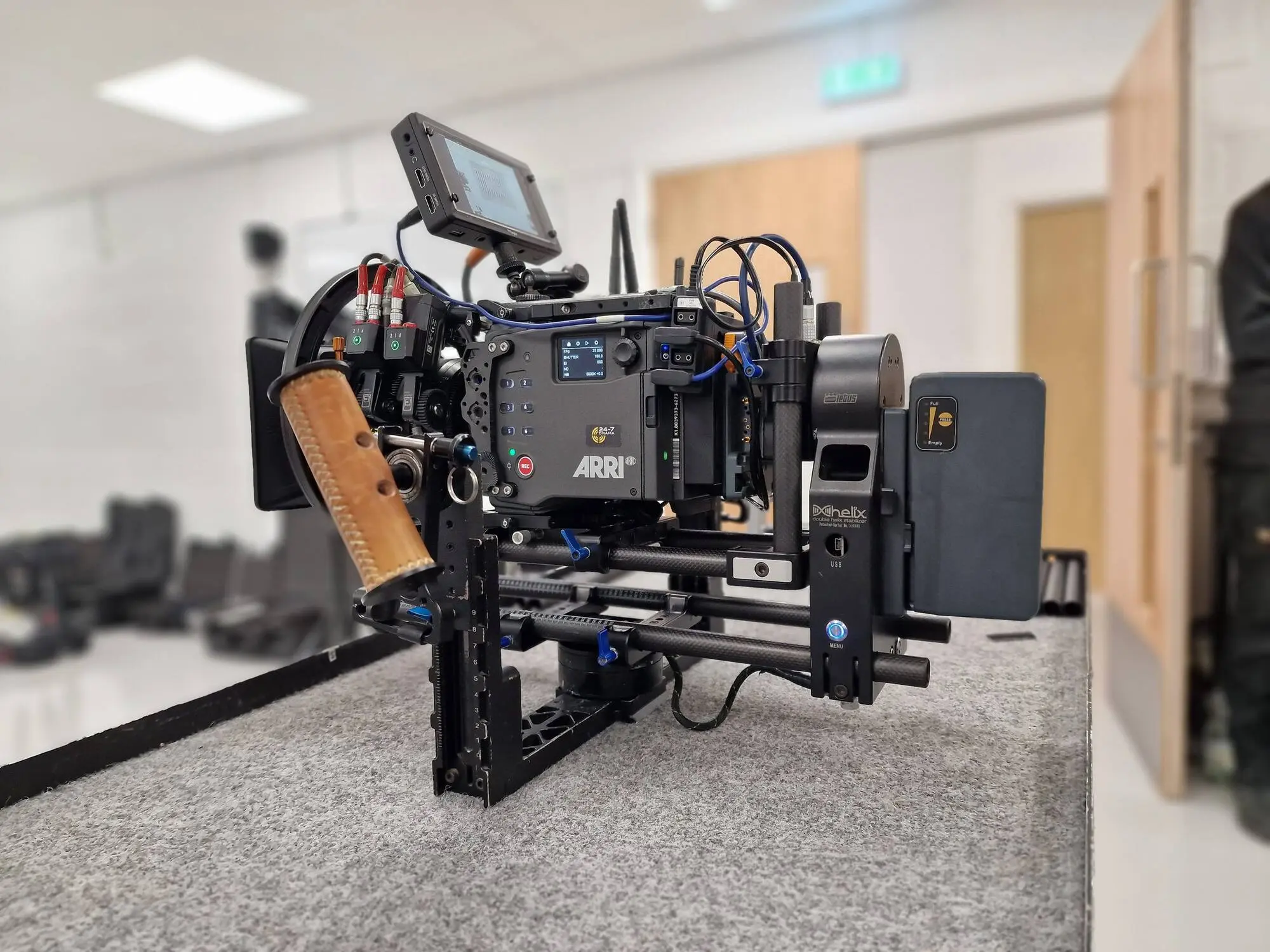 The rig on the bench, monitor up, test room